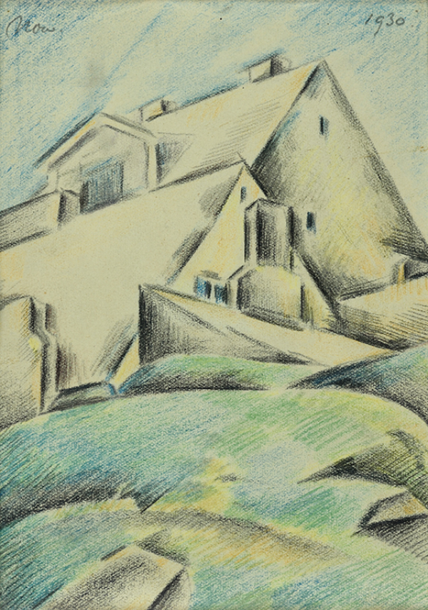 Rysunek przedstawia widok na dwa domy na szczycie niewielkiego wzgórza, jeden za drugim. Rysunek stylizowany, formy uproszczone, kubizujące, kolorystyka jasna, na pierwszym planie zielenie, nieco plam żółtych, wyżej - partie domów jasnobeżowe z konturami czarnymi. 
U góry napisy: "Now. 1930"